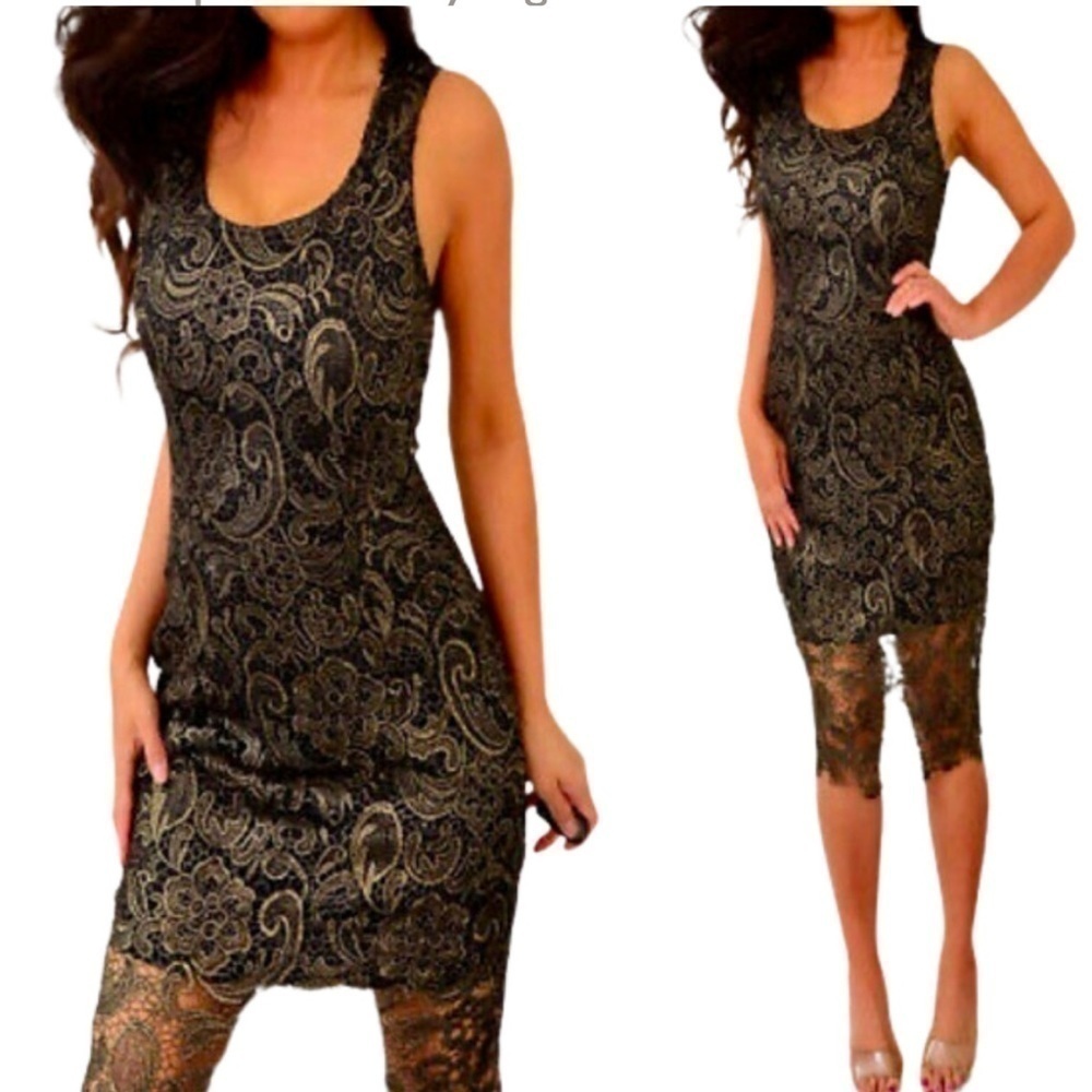 Sans Souci Black Metallic Gold Bodycon Dress Lace Paisley Overlay Dress size M